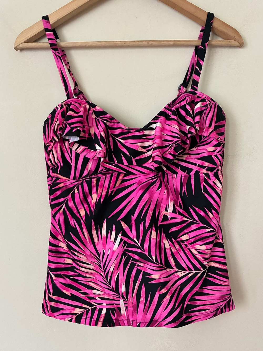 Pink Tropical Palm Print Ruffle Tankini Top Adjustable Straps Size 10 Resortwear